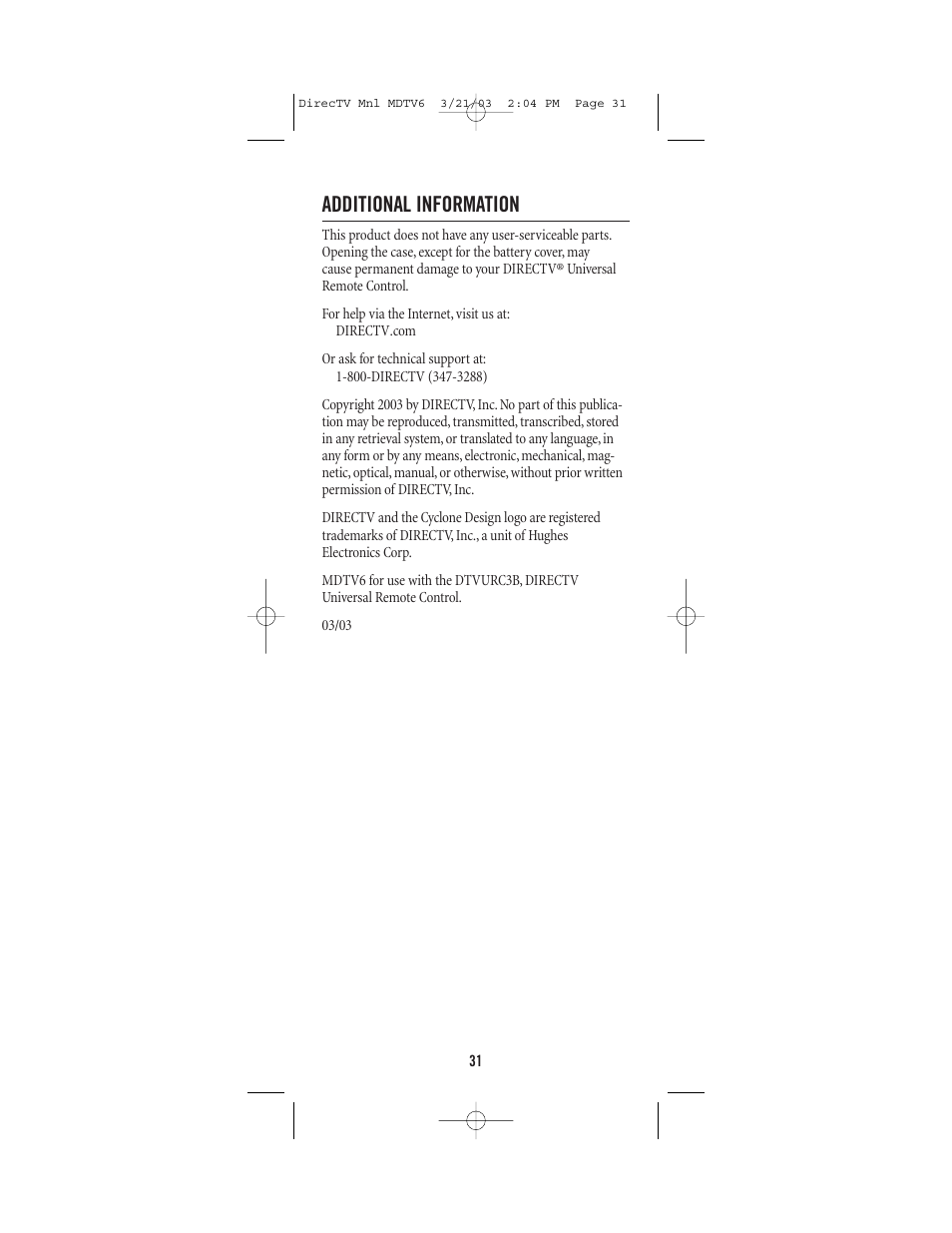 Additional information | DirecTV MDTV6 User Manual | Page 31 / 32