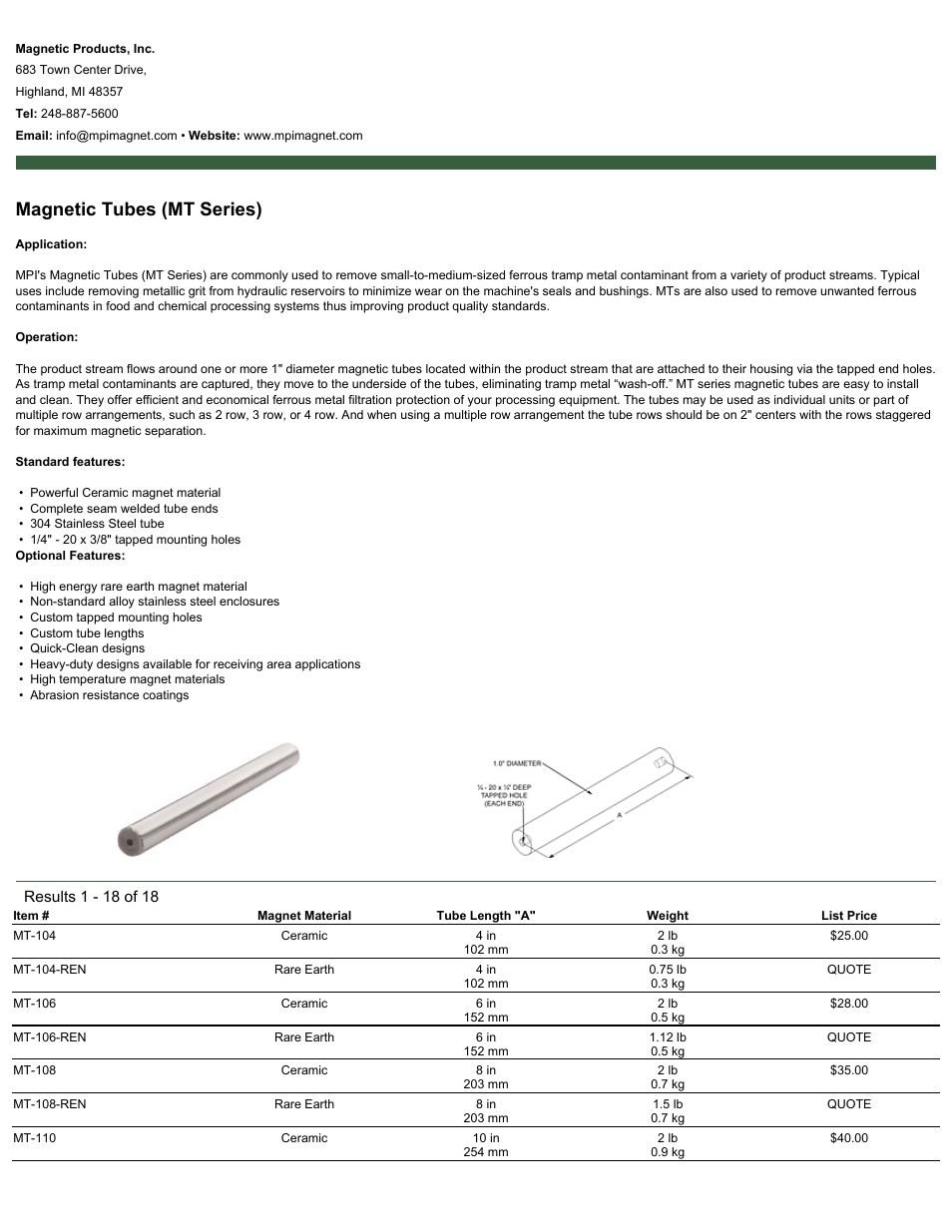 Magnetic Products MT Series Magnetic Tubes User Manual | 2 pages