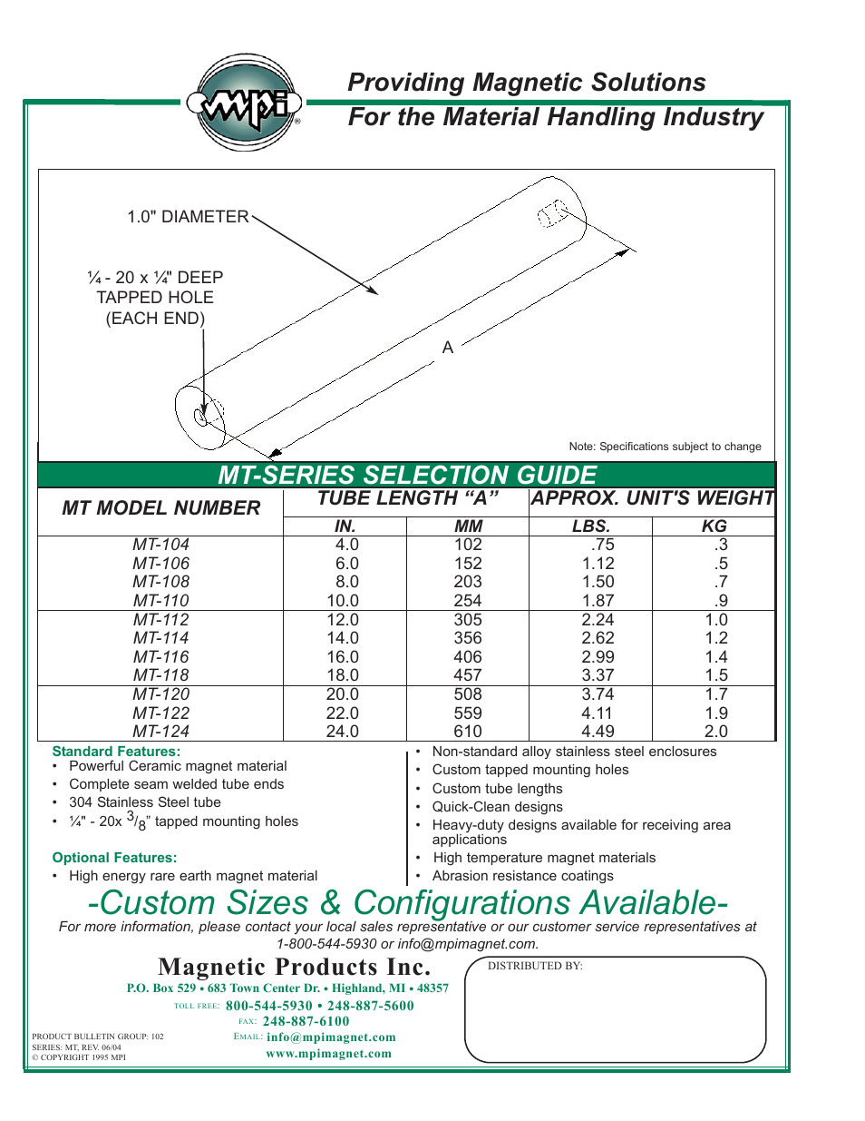 Custom sizes & configurations available, Mt-series selection guide | Magnetic Products MT Series Magnetic Tubes User Manual | Page 2 / 2