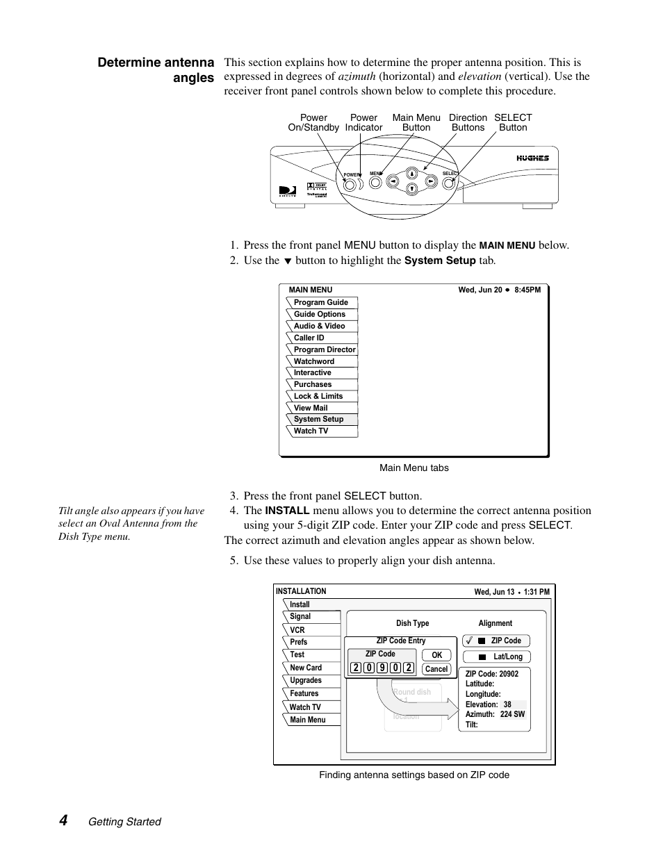 Determine antenna angles, Button to display the, Below. 2. use the button to highlight the | Tab. 3. press the front panel, Button | DirecTV GAEB0A User Manual | Page 12 / 58