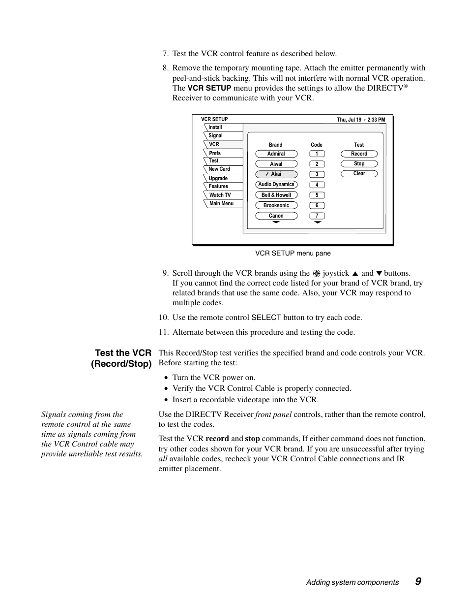 Test the vcr (record/stop) | DirecTV GAEB0A User Manual | Page 17 / 58