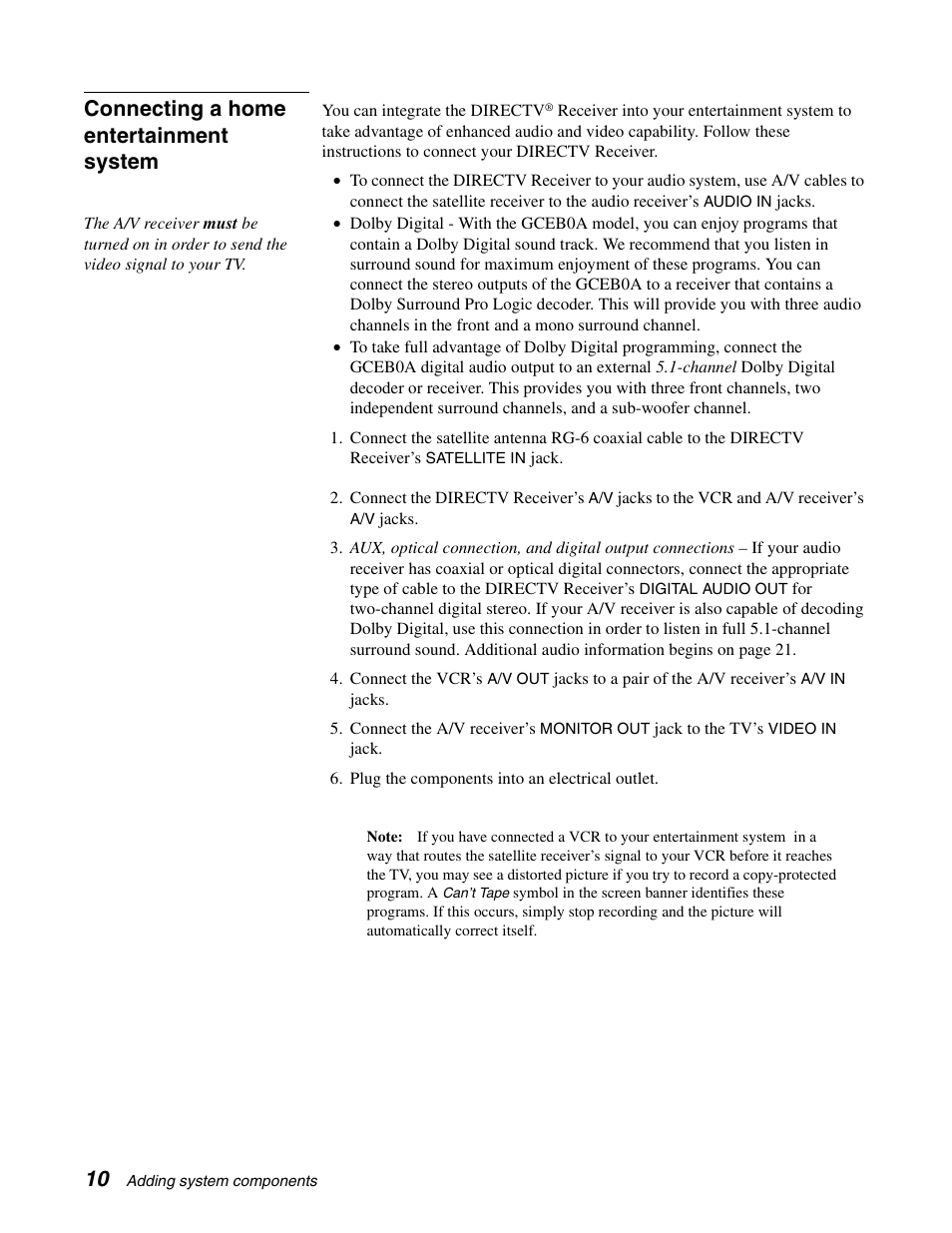 Connecting a home entertainment system | DirecTV GAEB0A User Manual | Page 18 / 58