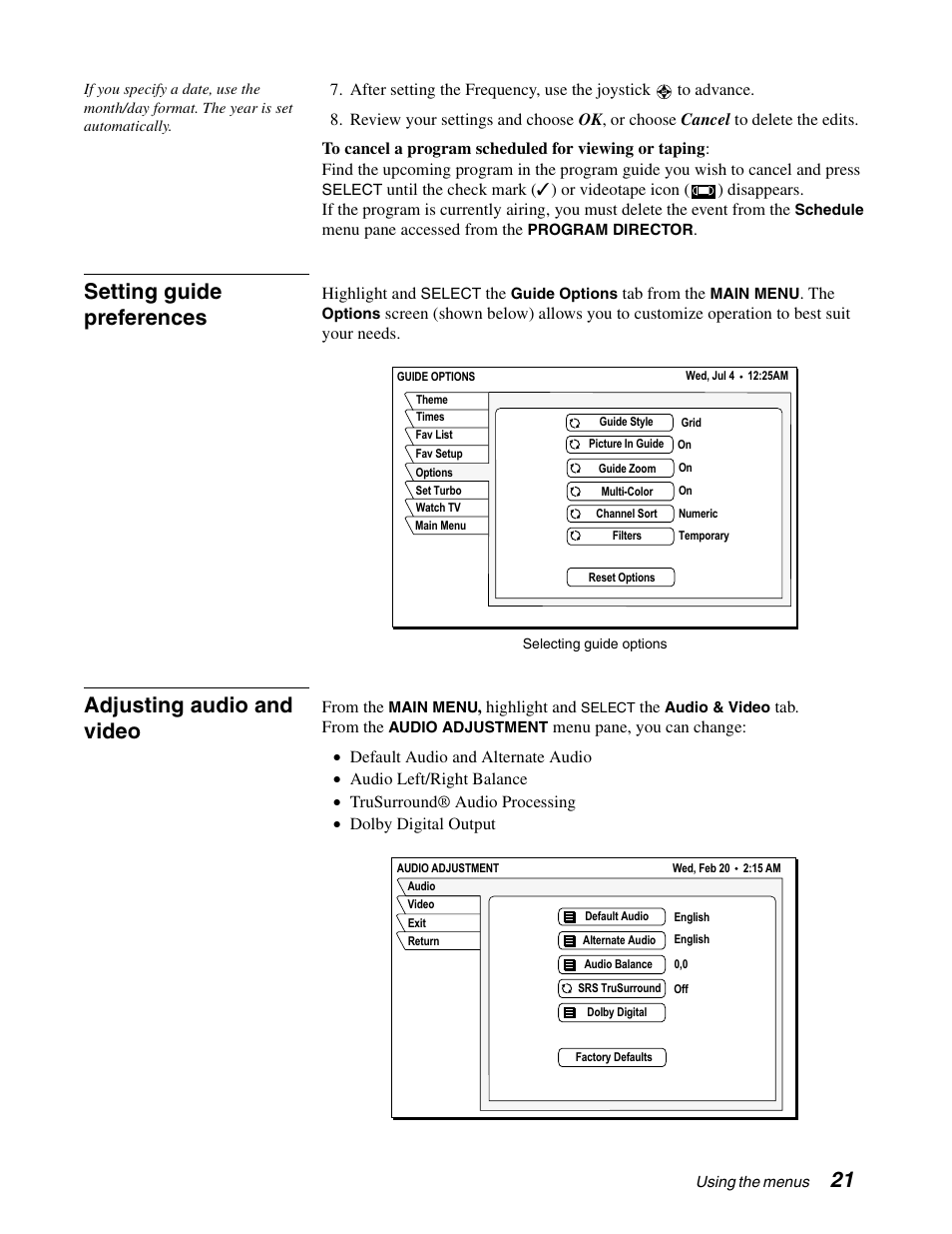 Setting guide preferences, Adjusting audio and video | DirecTV GAEB0A User Manual | Page 29 / 58