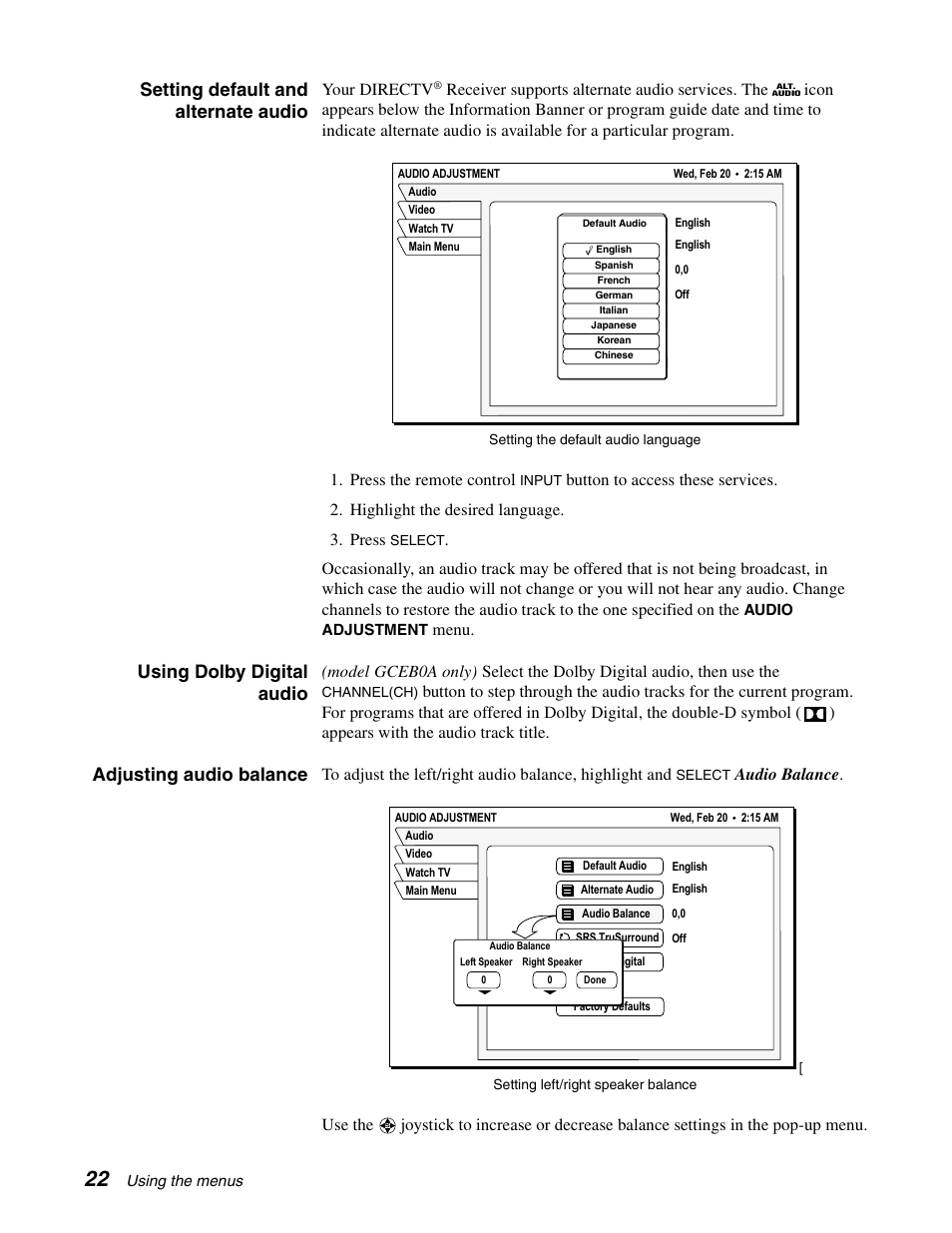 Setting default and alternate audio, Using dolby digital audio, Adjusting audio balance | Your directv, Menu | DirecTV GAEB0A User Manual | Page 30 / 58