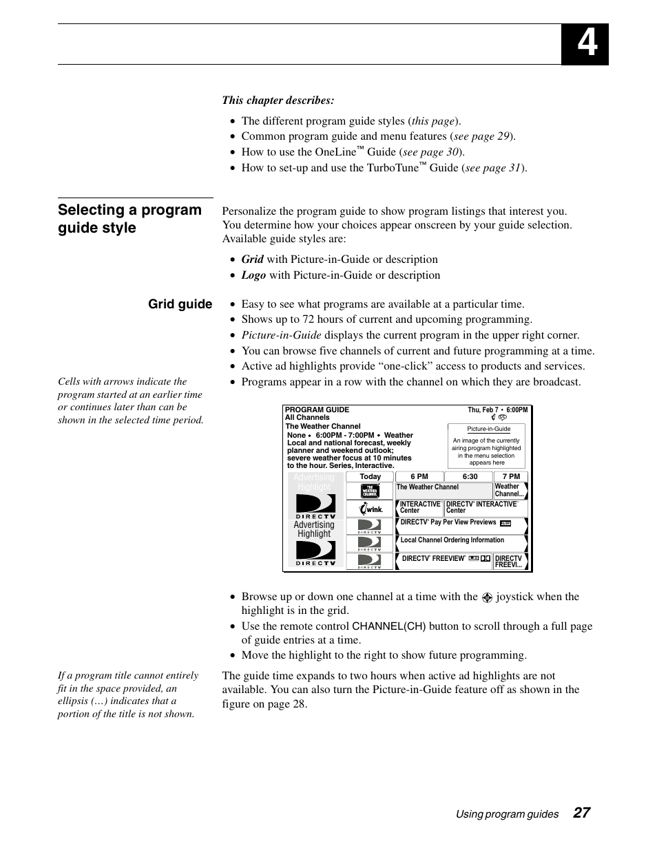 Using program guides, Selecting a program guide style, Grid guide | Guide ( see page 31 ) | DirecTV GAEB0A User Manual | Page 35 / 58