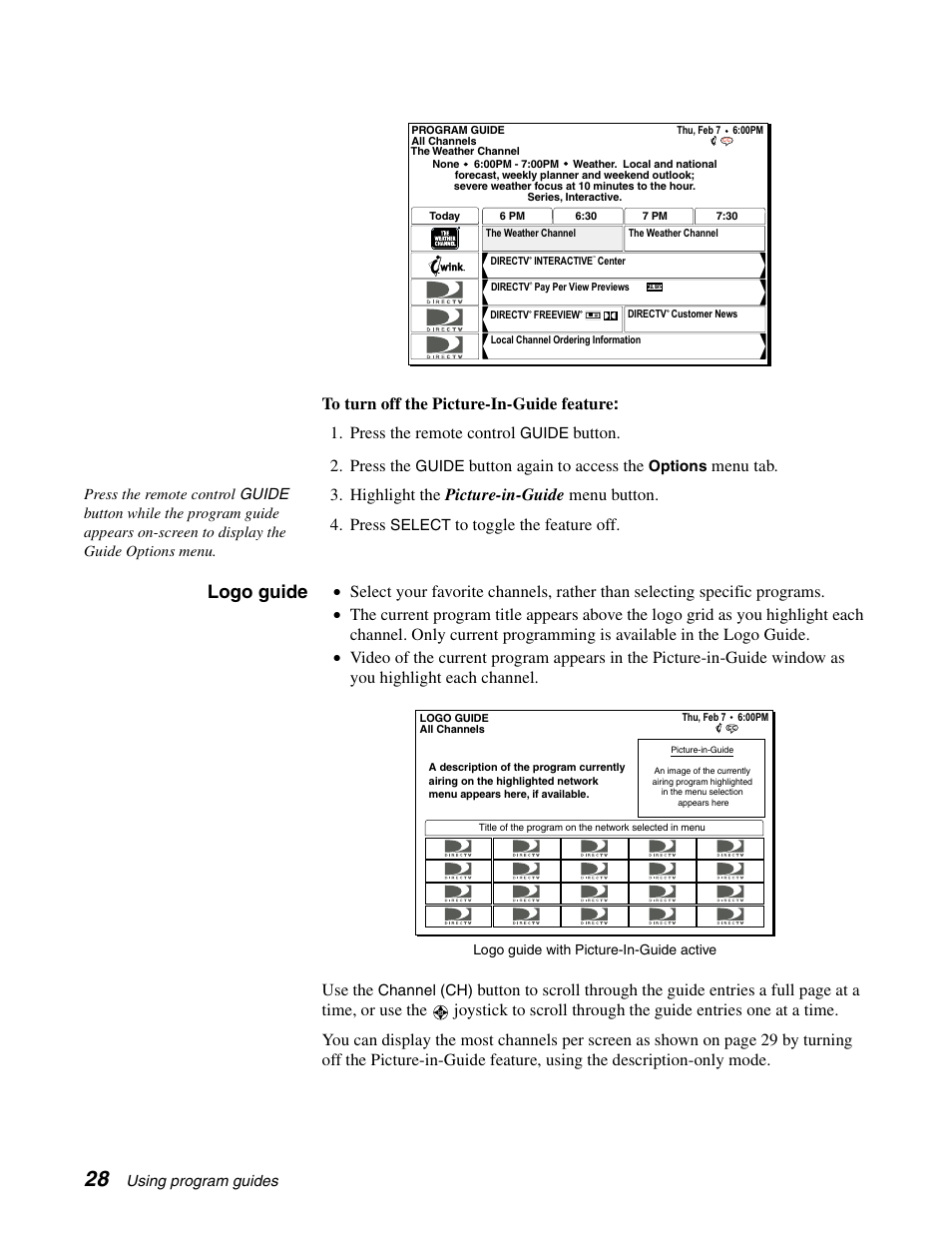 Logo guide, Button. 2. press the, Button again to access the | Menu tab | DirecTV GAEB0A User Manual | Page 36 / 58