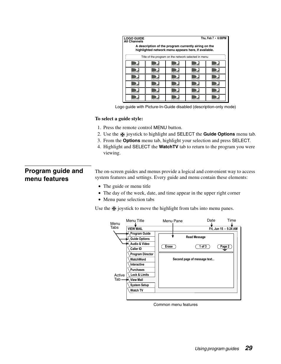Program guide and menu features, Button. 2. use the joystick to highlight and, Menu tab. 3. from the | Menu tab, highlight your selection and press, Highlight and, Tab to return to the program you were viewing | DirecTV GAEB0A User Manual | Page 37 / 58