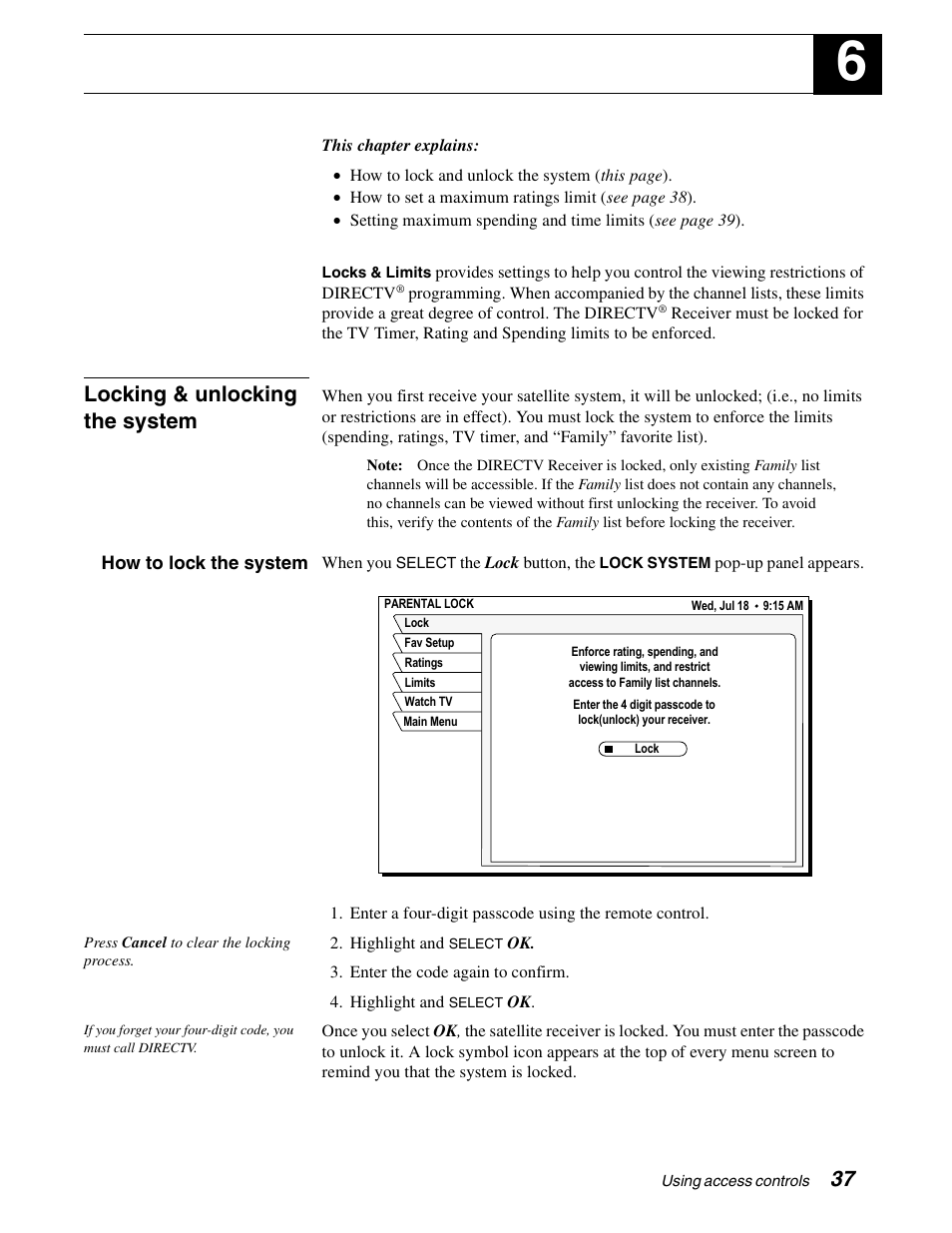 Using access controls, Locking & unlocking the system | DirecTV GAEB0A User Manual | Page 45 / 58