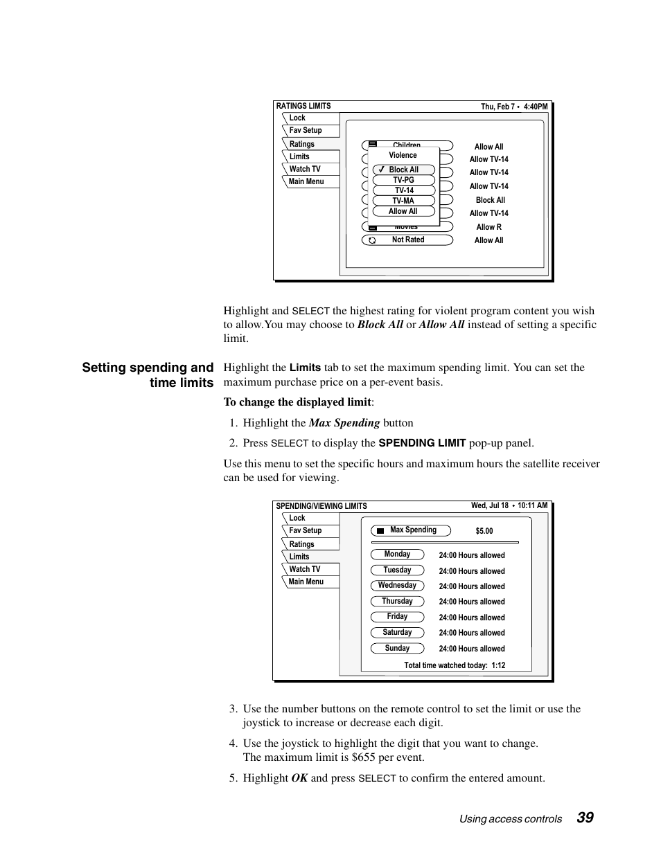 Setting spending and time limits | DirecTV GAEB0A User Manual | Page 47 / 58