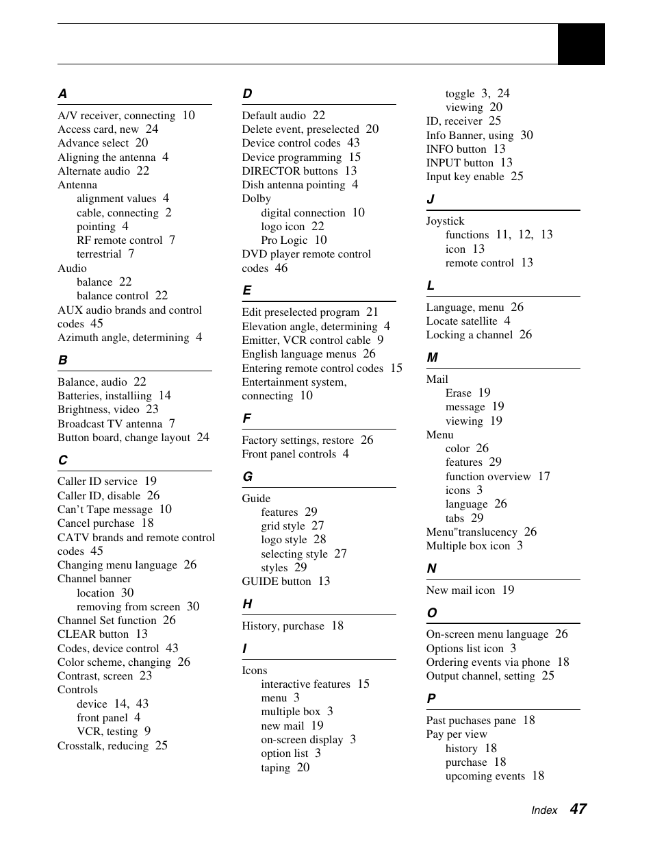 Index | DirecTV GAEB0A User Manual | Page 55 / 58