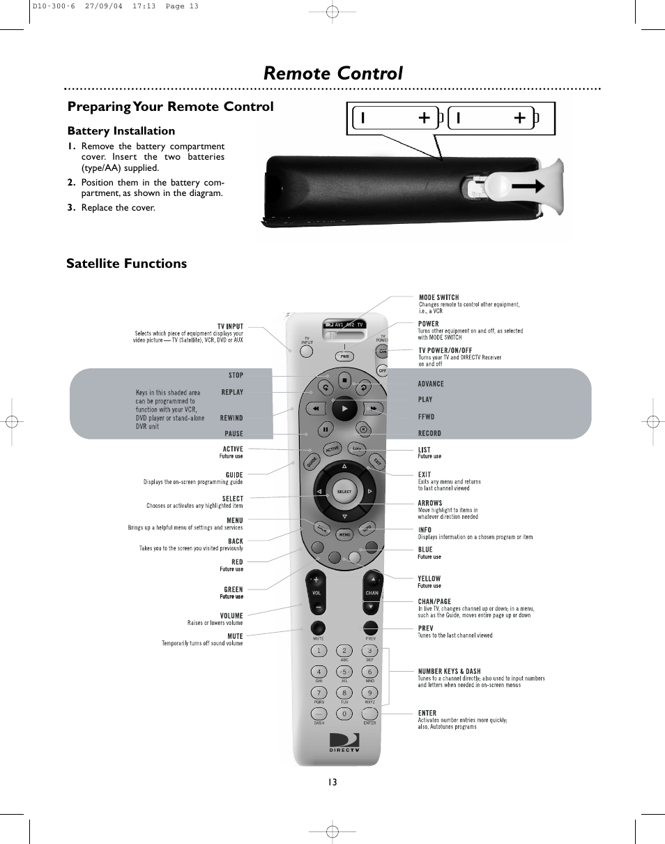 Remote control, Preparing your remote control satellite functions, Battery installation | DirecTV D10-300 User Manual | Page 13 / 36