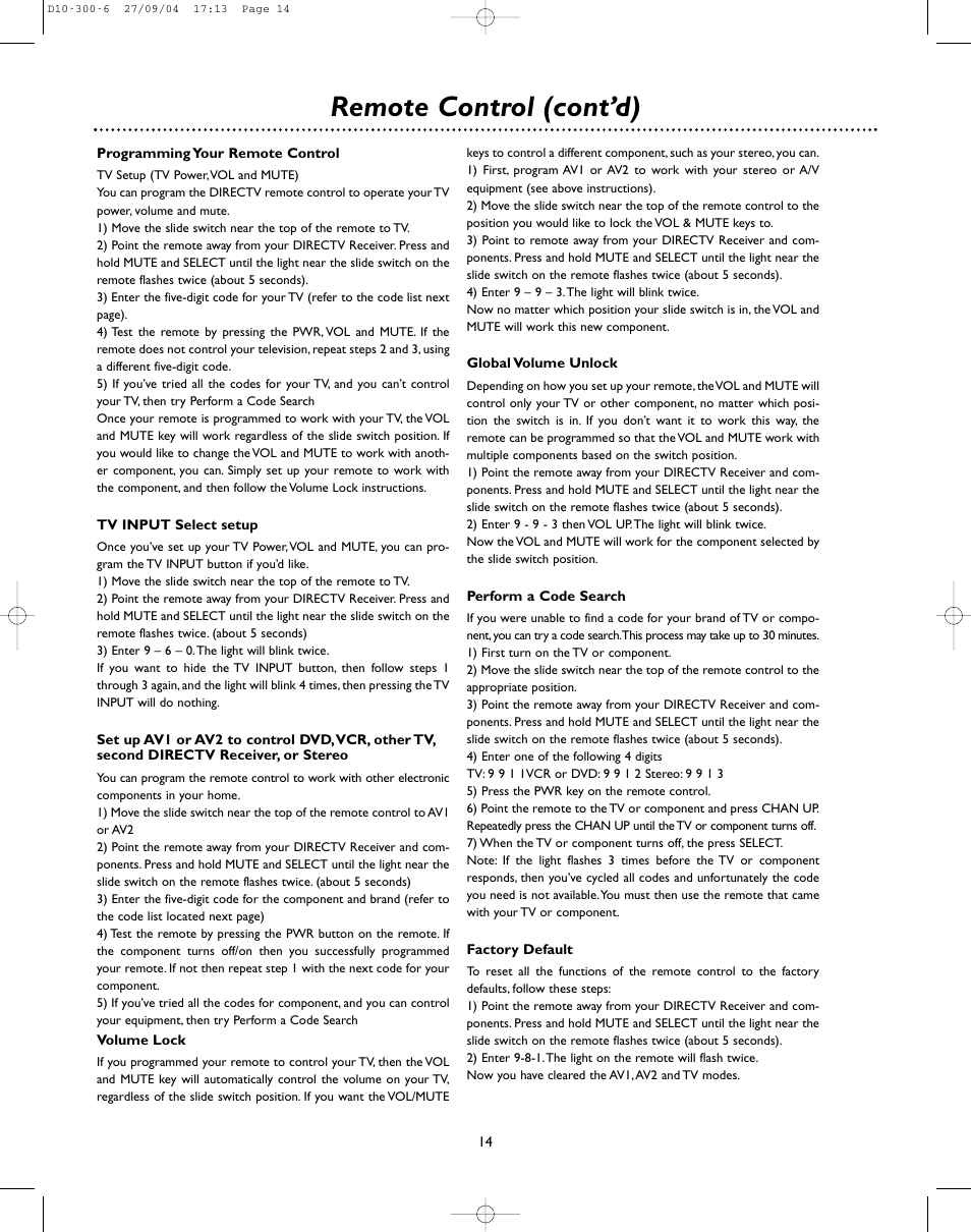 Remote control (cont’d) | DirecTV D10-300 User Manual | Page 14 / 36