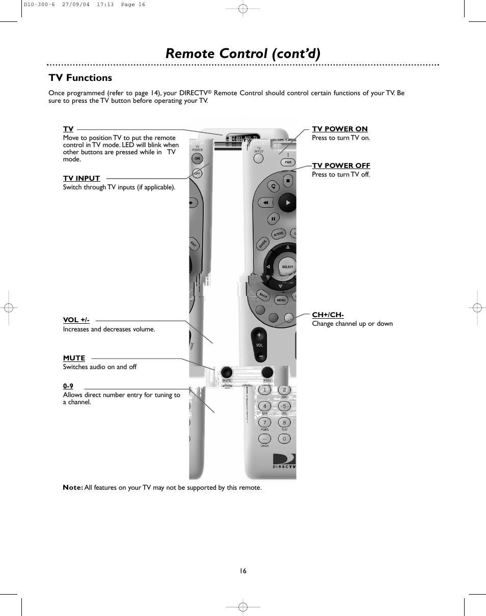 Remote control (cont’d), Tv functions | DirecTV D10-300 User Manual | Page 16 / 36