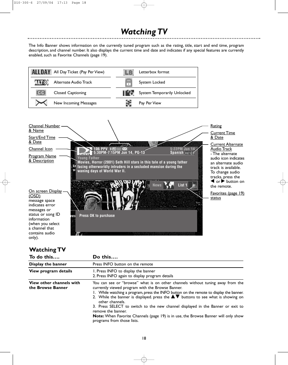 Watching tv | DirecTV D10-300 User Manual | Page 18 / 36