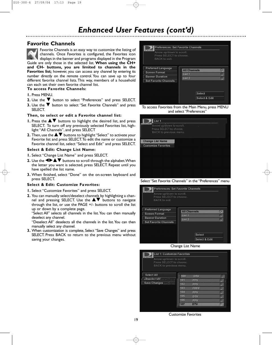 Enhanced user features (cont’d), Favorite channels | DirecTV D10-300 User Manual | Page 19 / 36