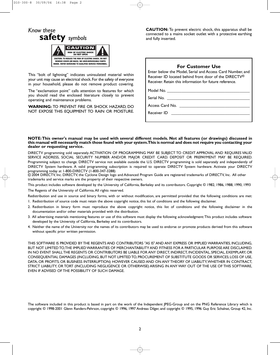 Safety, Know these, Symbols | For customer use | DirecTV D10-300 User Manual | Page 2 / 36