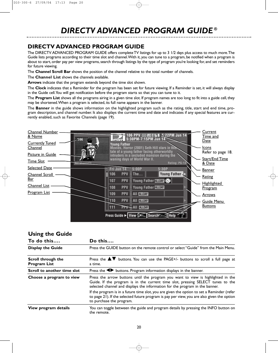 Directv advanced program guide, Using the guide | DirecTV D10-300 User Manual | Page 20 / 36