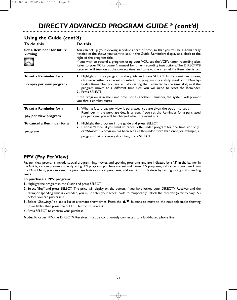 Directv advanced program guide, Cont’d), Ppv (pay per view) | Using the guide (cont’d) | DirecTV D10-300 User Manual | Page 21 / 36