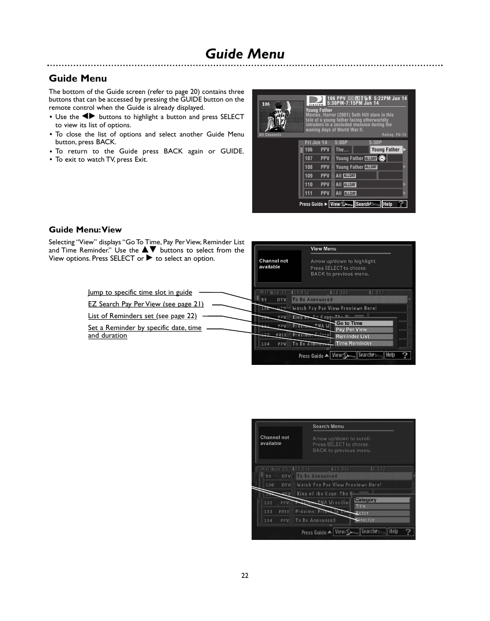 Guide menu, Guide menu:view, Use the | DirecTV D10-300 User Manual | Page 22 / 36