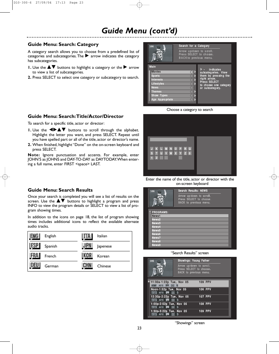 Guide menu (cont’d), Guide menu: search: category, Guide menu: search results | Guide menu: search:title/actor/director | DirecTV D10-300 User Manual | Page 23 / 36