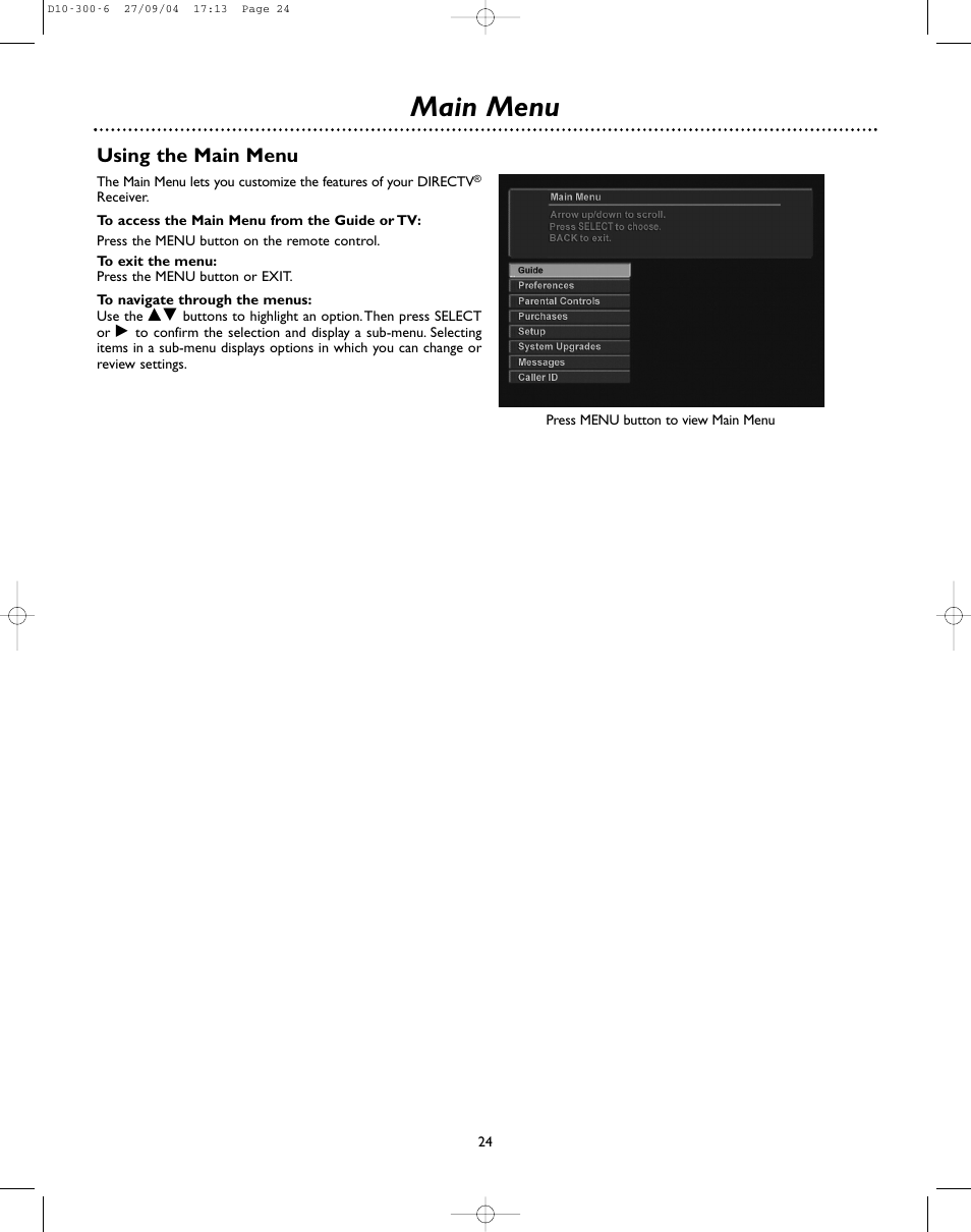 Main menu, Using the main menu | DirecTV D10-300 User Manual | Page 24 / 36