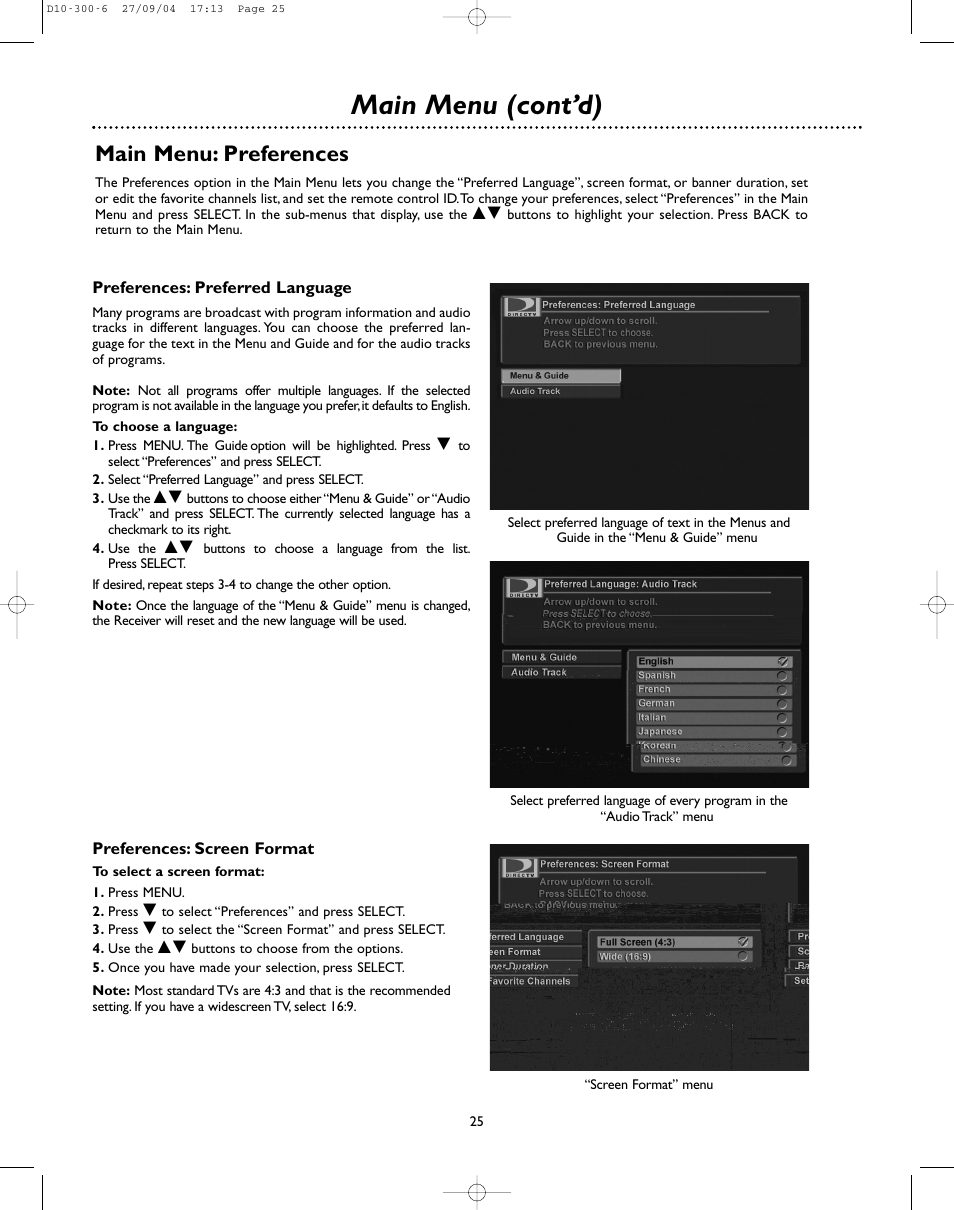 Main menu (cont’d), Main menu: preferences | DirecTV D10-300 User Manual | Page 25 / 36