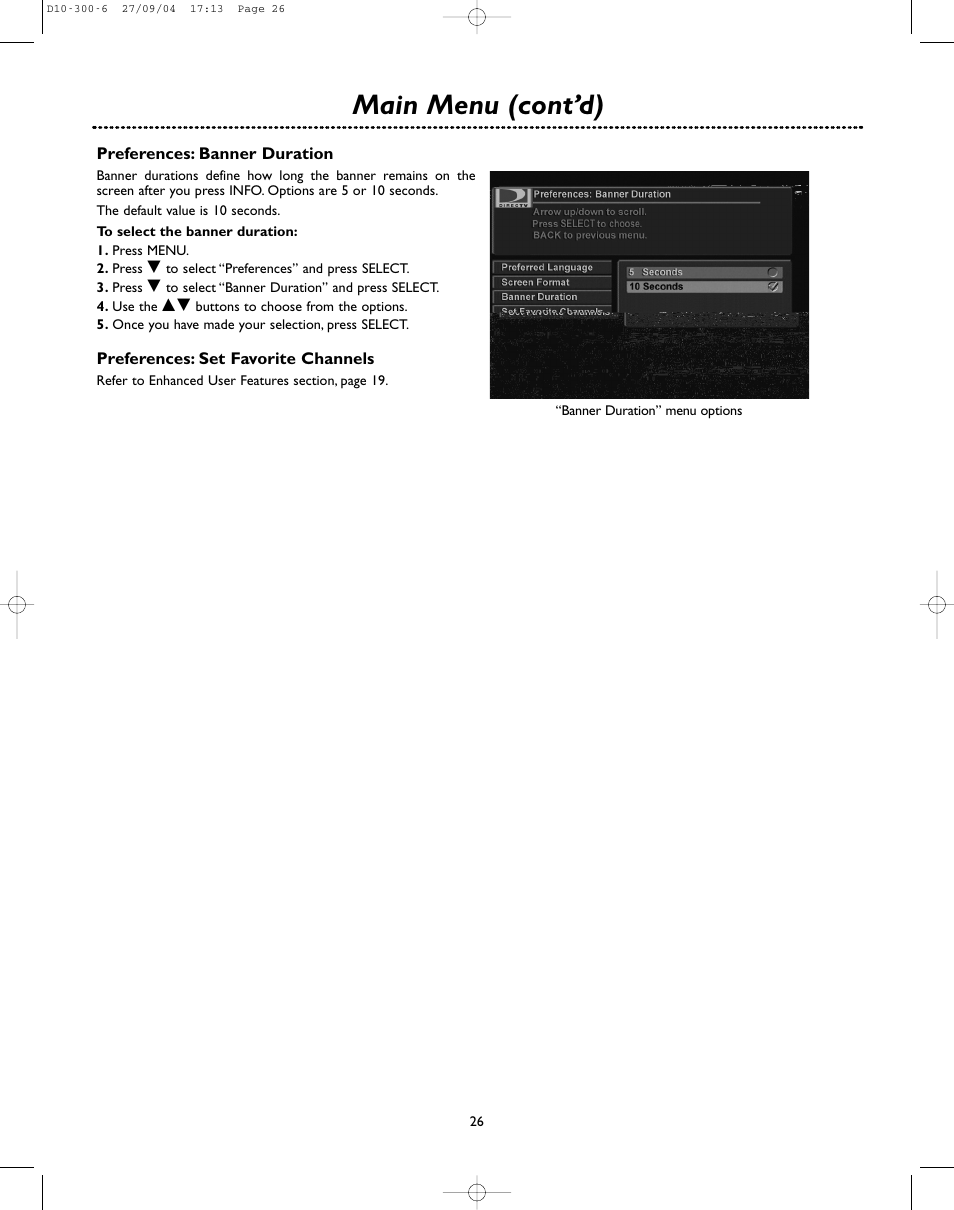 Main menu (cont’d) | DirecTV D10-300 User Manual | Page 26 / 36