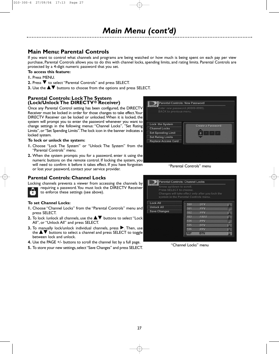 Main menu (cont’d), Main menu: parental controls | DirecTV D10-300 User Manual | Page 27 / 36