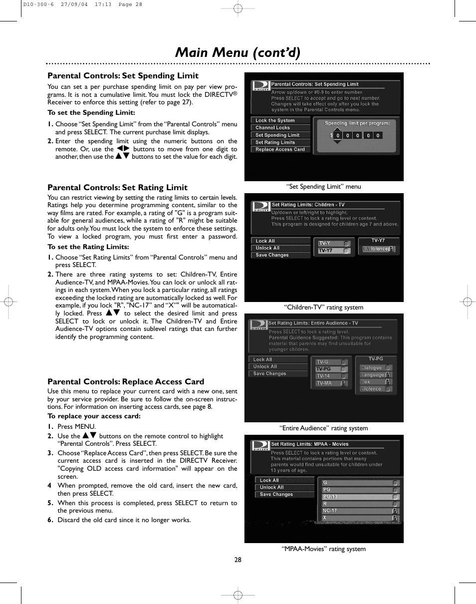 Main menu (cont’d) | DirecTV D10-300 User Manual | Page 28 / 36