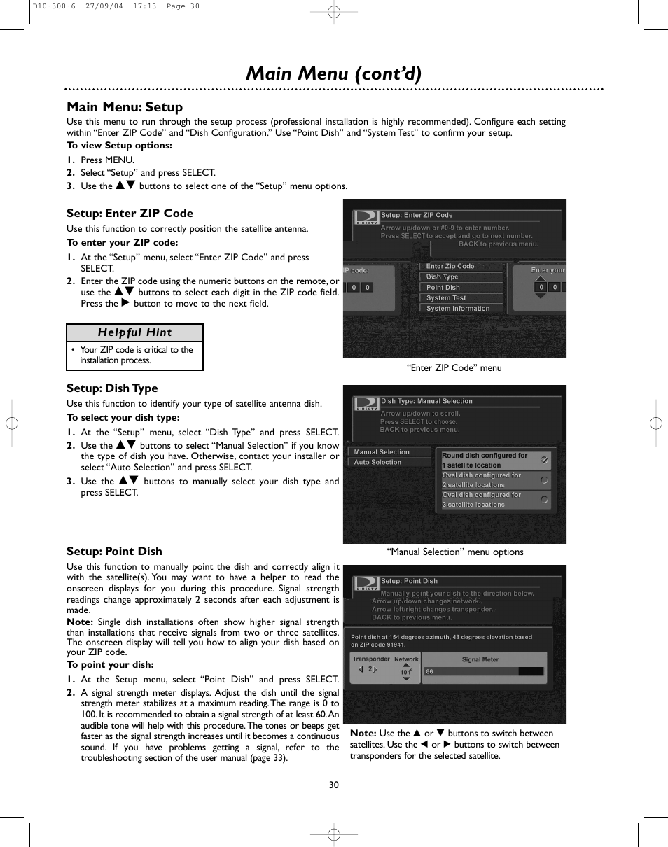 Main menu (cont’d), Main menu: setup | DirecTV D10-300 User Manual | Page 30 / 36