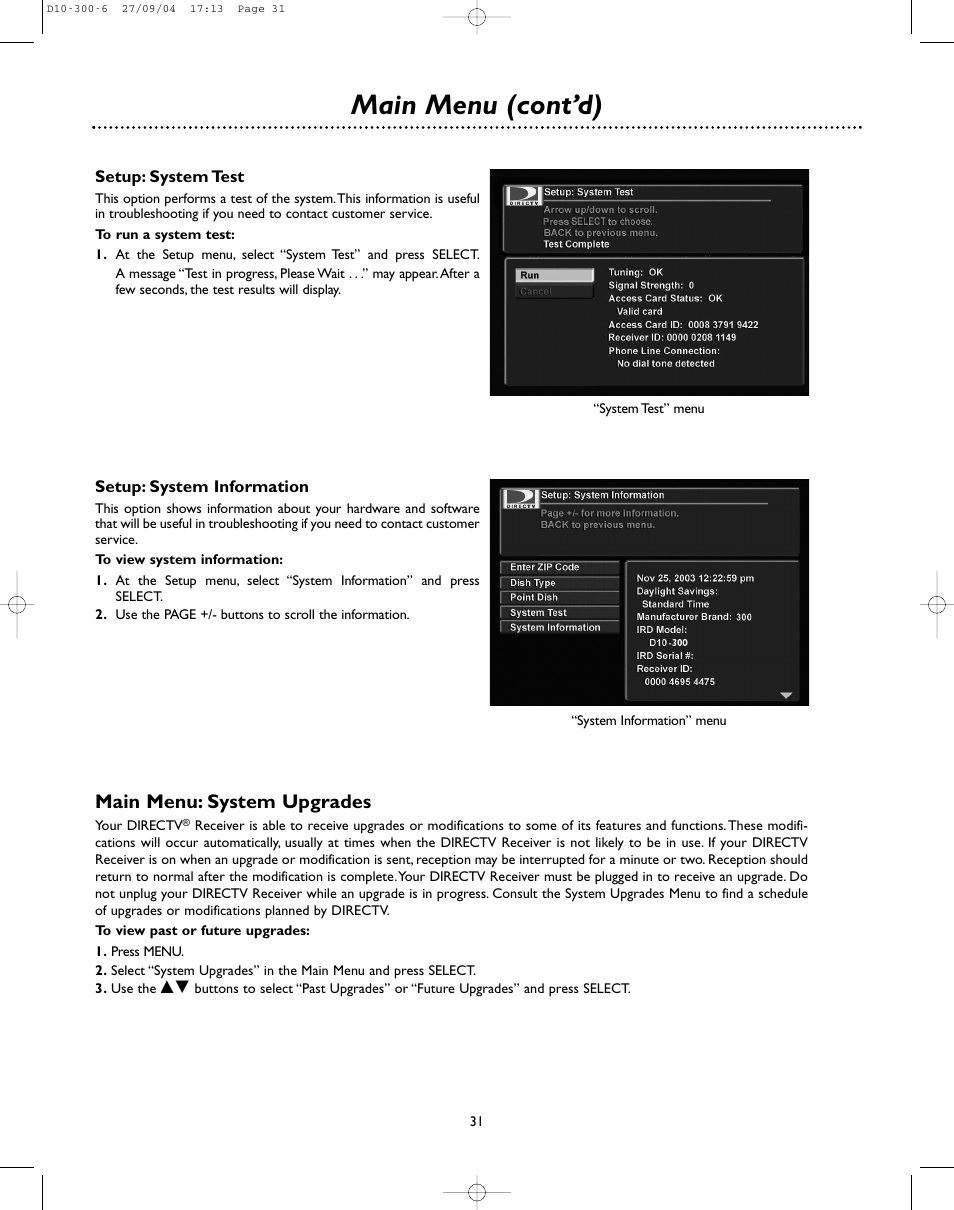 Main menu (cont’d), Main menu: system upgrades | DirecTV D10-300 User Manual | Page 31 / 36