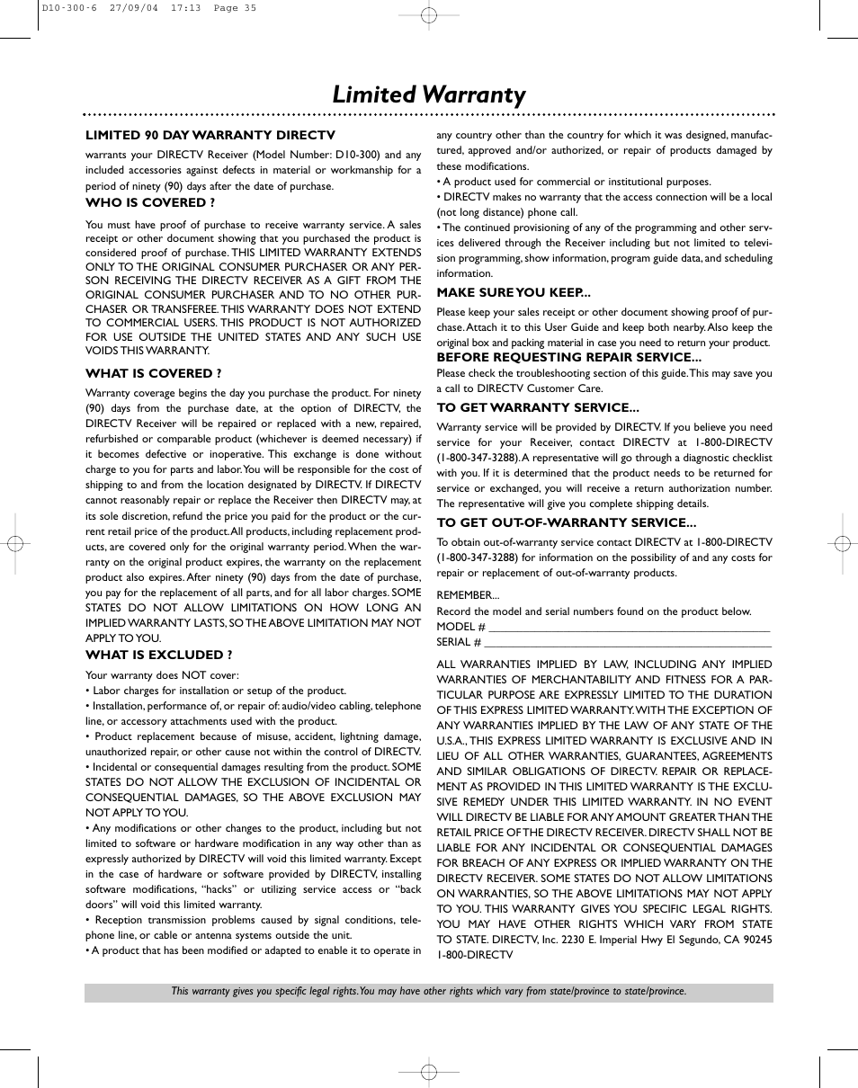 Limited warranty | DirecTV D10-300 User Manual | Page 35 / 36