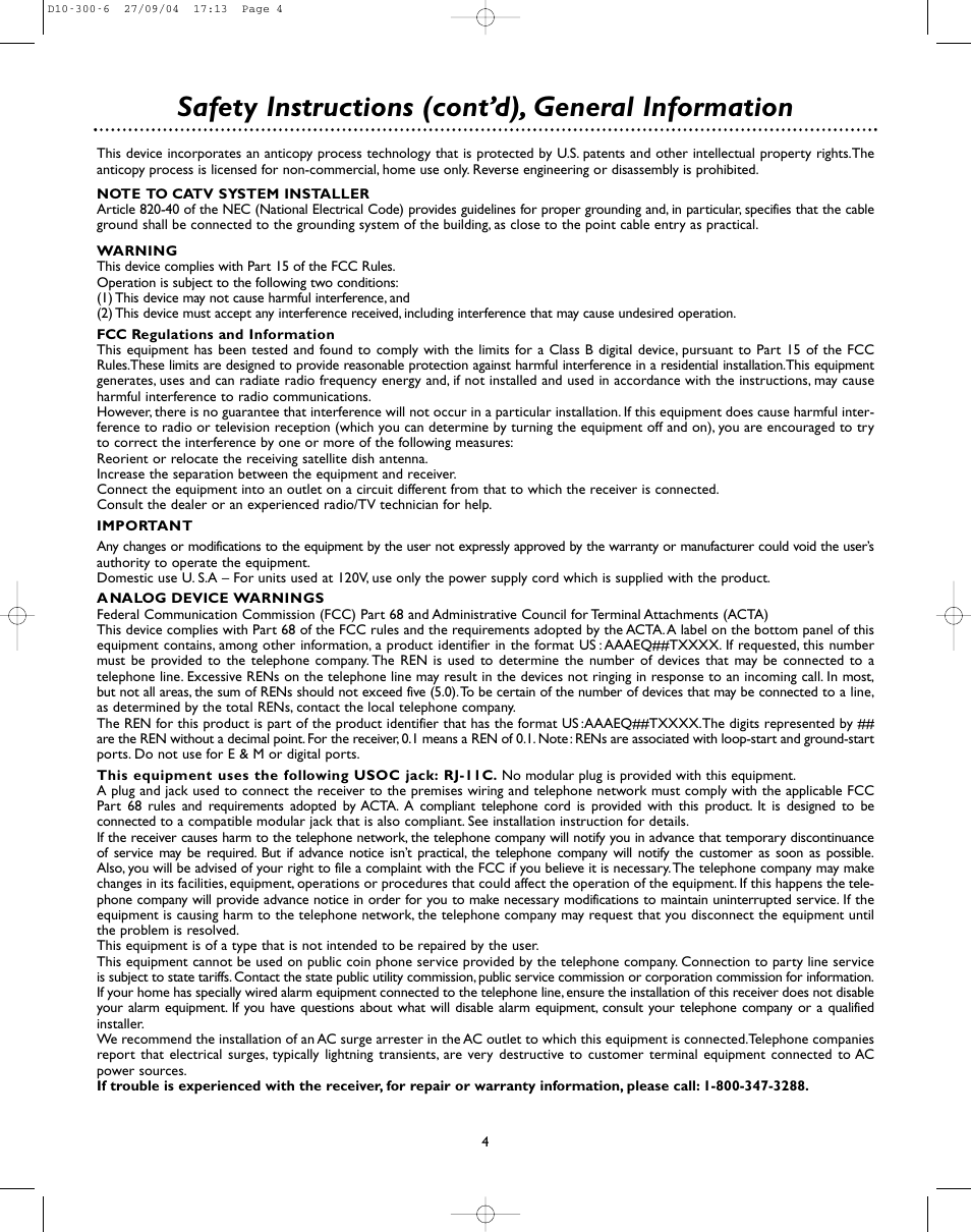 Safety instructions (cont’d), general information | DirecTV D10-300 User Manual | Page 4 / 36
