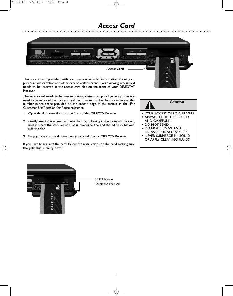 Access card, Caution | DirecTV D10-300 User Manual | Page 8 / 36