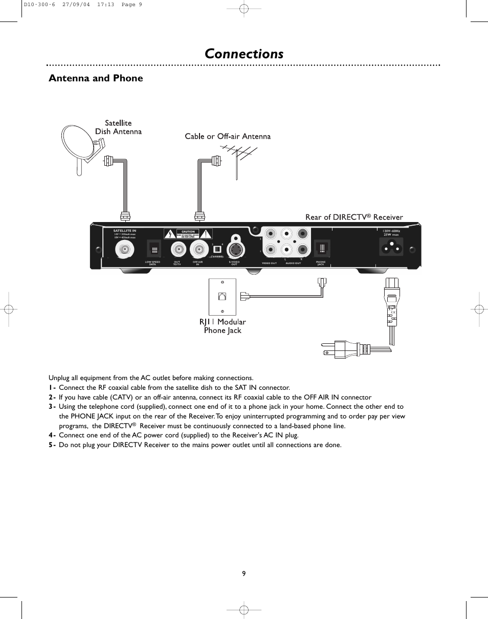 Connections, Antenna and phone | DirecTV D10-300 User Manual | Page 9 / 36
