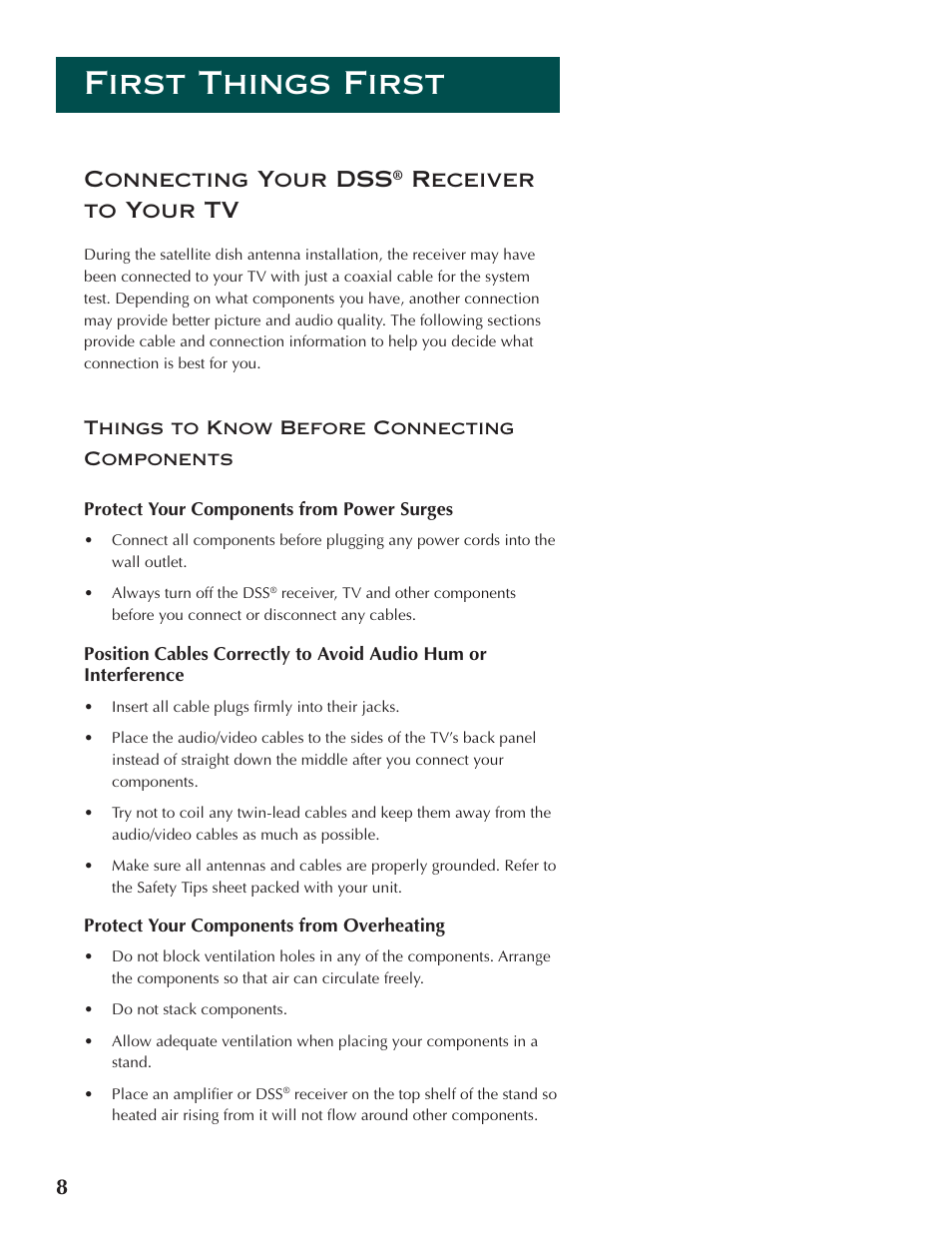 First things first, 8connecting your dss, Receiver to your tv | DirecTV ProScan DSS Receiver User Manual | Page 10 / 84