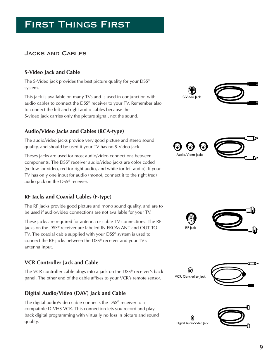 First things first, Jacks and cables s-video jack and cable, Audio/video jacks and cables (rca-type) | Rf jacks and coaxial cables (f-type), Vcr controller jack and cable, Digital audio/video (dav) jack and cable | DirecTV ProScan DSS Receiver User Manual | Page 11 / 84