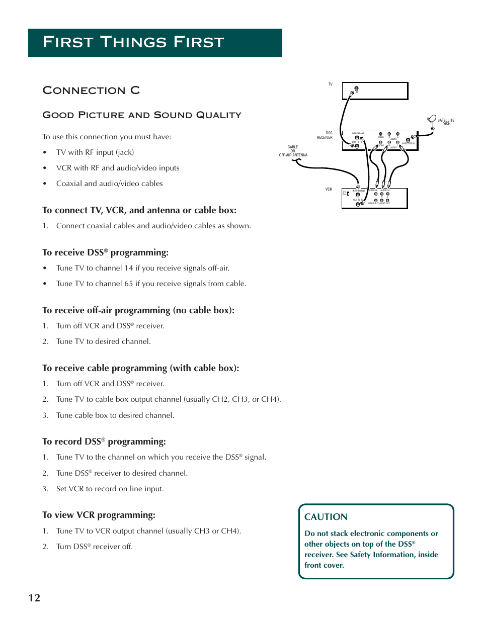 First things first, 12 connection c, Good picture and sound quality | Programming, Caution, Turn off vcr and dss, Receiver. 2. tune tv to desired channel, Signal. 2. tune dss, Receiver off | DirecTV ProScan DSS Receiver User Manual | Page 14 / 84