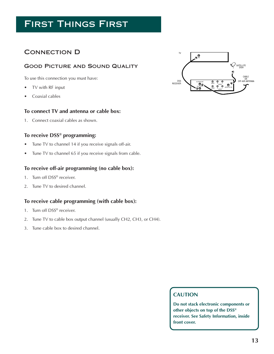 First things first, 13 connection d, Good picture and sound quality | Programming, Caution | DirecTV ProScan DSS Receiver User Manual | Page 15 / 84