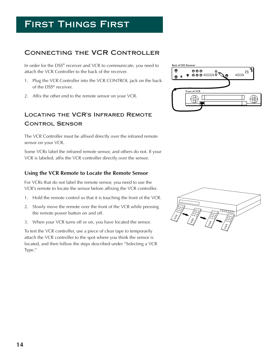 First things first, 14 connecting the vcr controller, Locating the vcr’s infrared remote control sensor | Using the vcr remote to locate the remote sensor | DirecTV ProScan DSS Receiver User Manual | Page 16 / 84