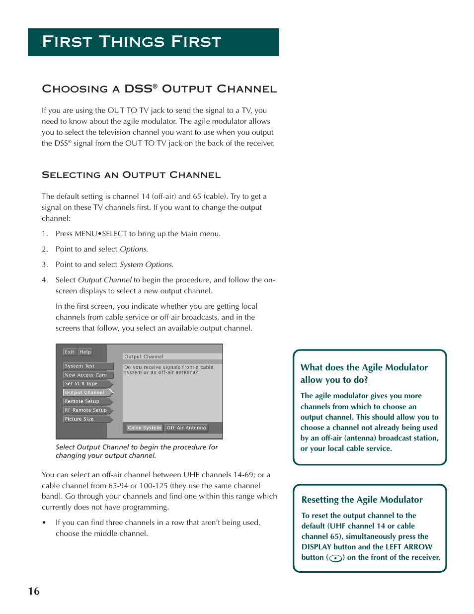 First things first, Choosing a dss, Output channel | DirecTV ProScan DSS Receiver User Manual | Page 18 / 84