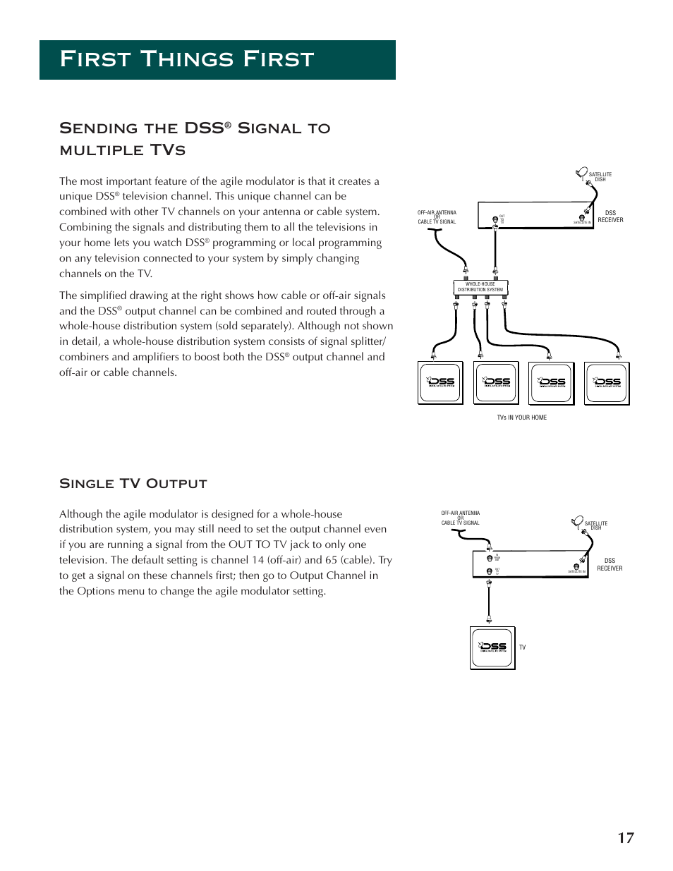 First things first, Sending the dss, Signal to multiple tvs | Single tv output, Output channel and off-air or cable channels | DirecTV ProScan DSS Receiver User Manual | Page 19 / 84