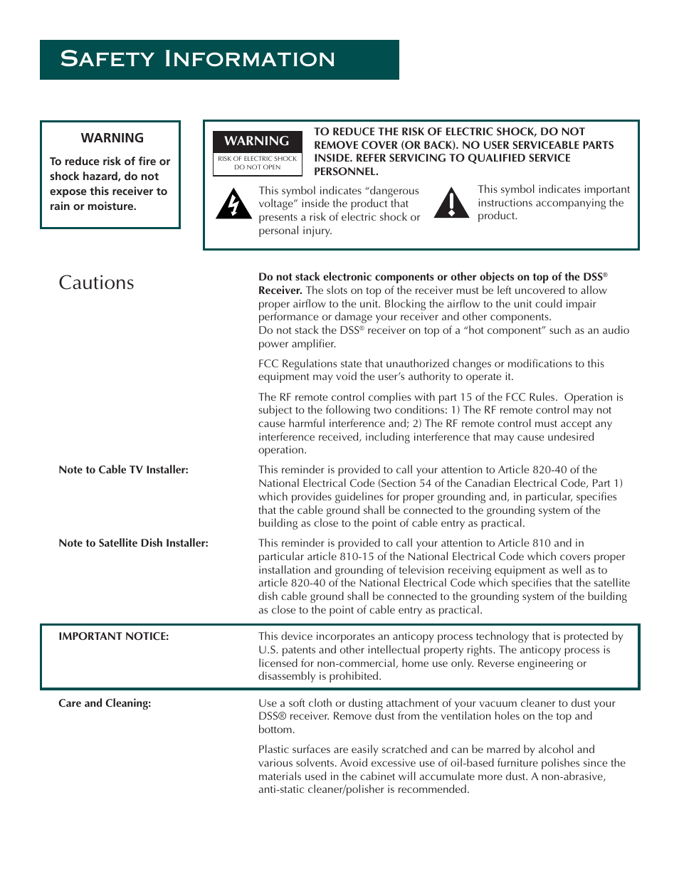 Safety information, Cautions | DirecTV ProScan DSS Receiver User Manual | Page 2 / 84