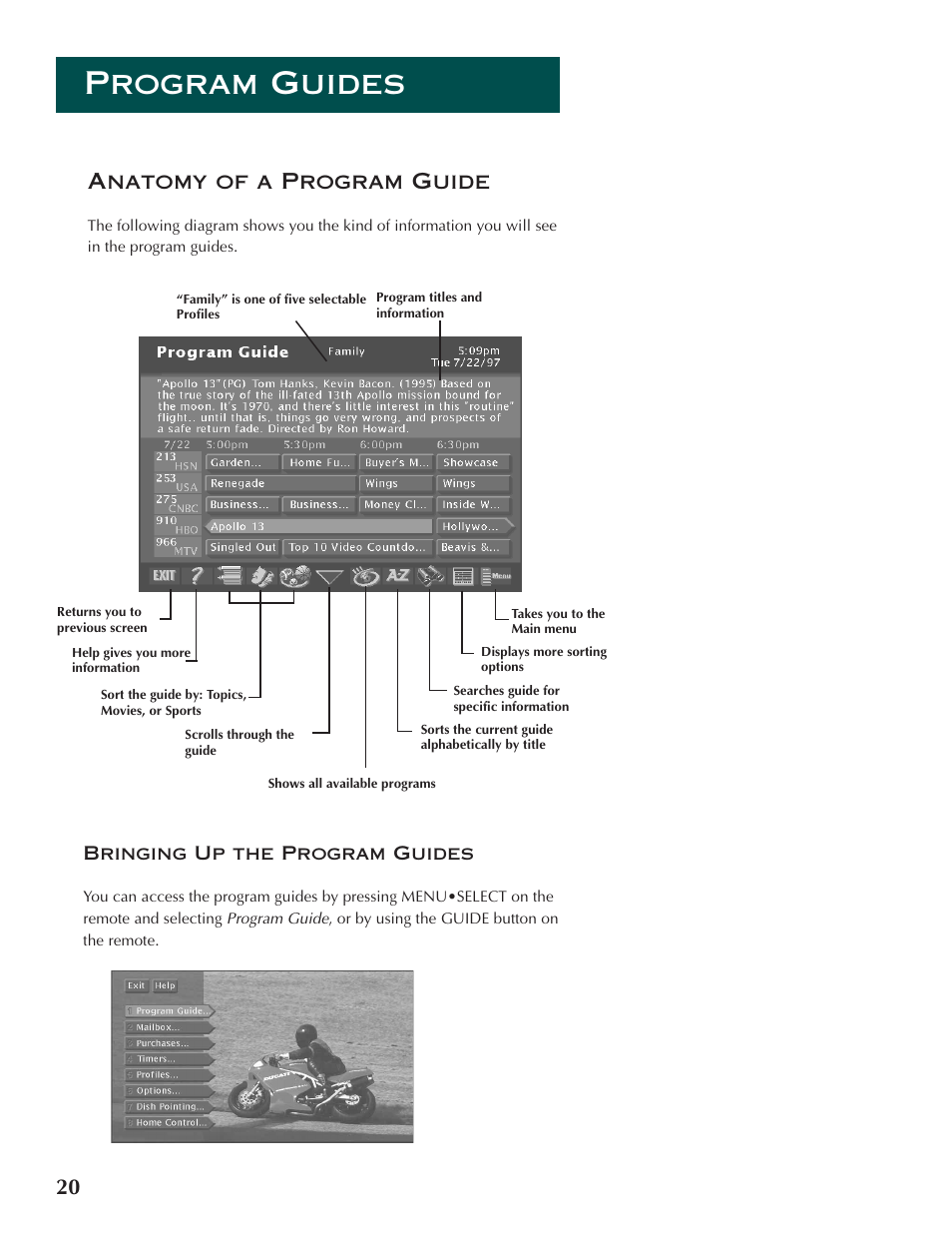 Program guides, 20 anatomy of a program guide | DirecTV ProScan DSS Receiver User Manual | Page 22 / 84