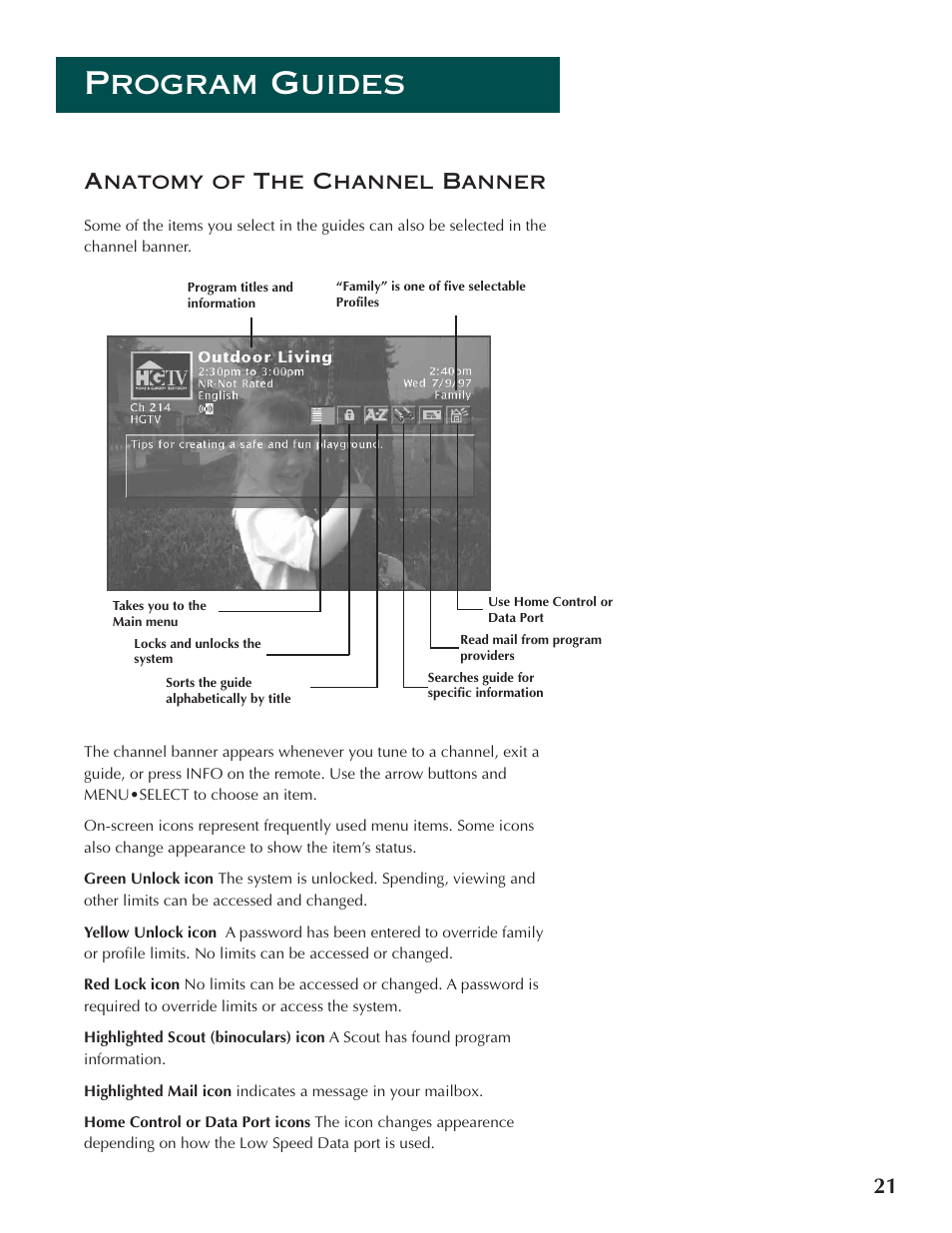 Program guides, 21 anatomy of the channel banner | DirecTV ProScan DSS Receiver User Manual | Page 23 / 84