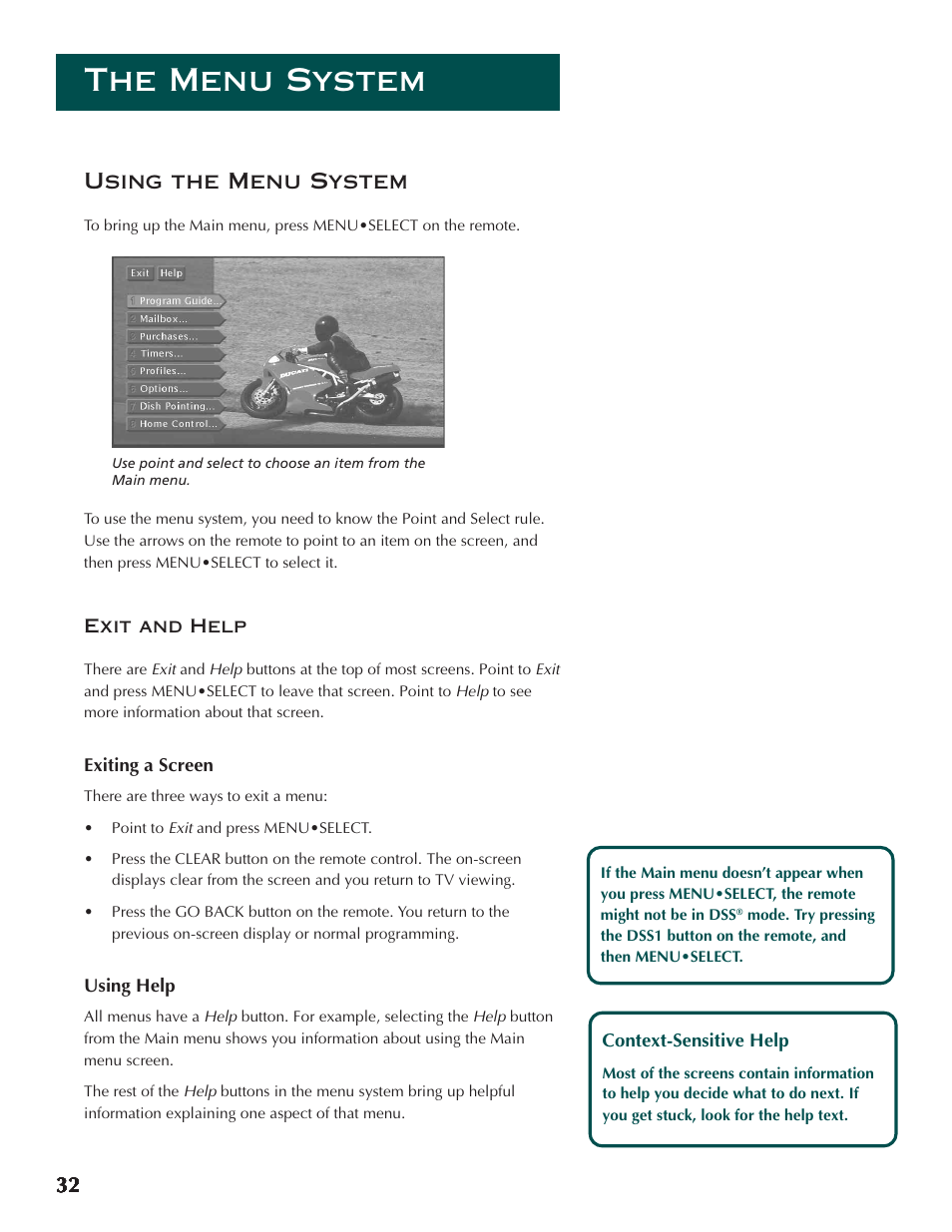 The menu system, 32 using the menu system | DirecTV ProScan DSS Receiver User Manual | Page 34 / 84