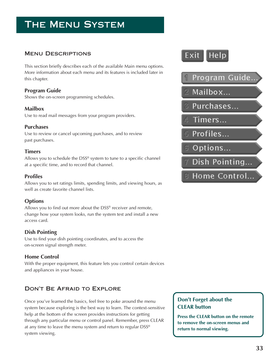 The menu system | DirecTV ProScan DSS Receiver User Manual | Page 35 / 84