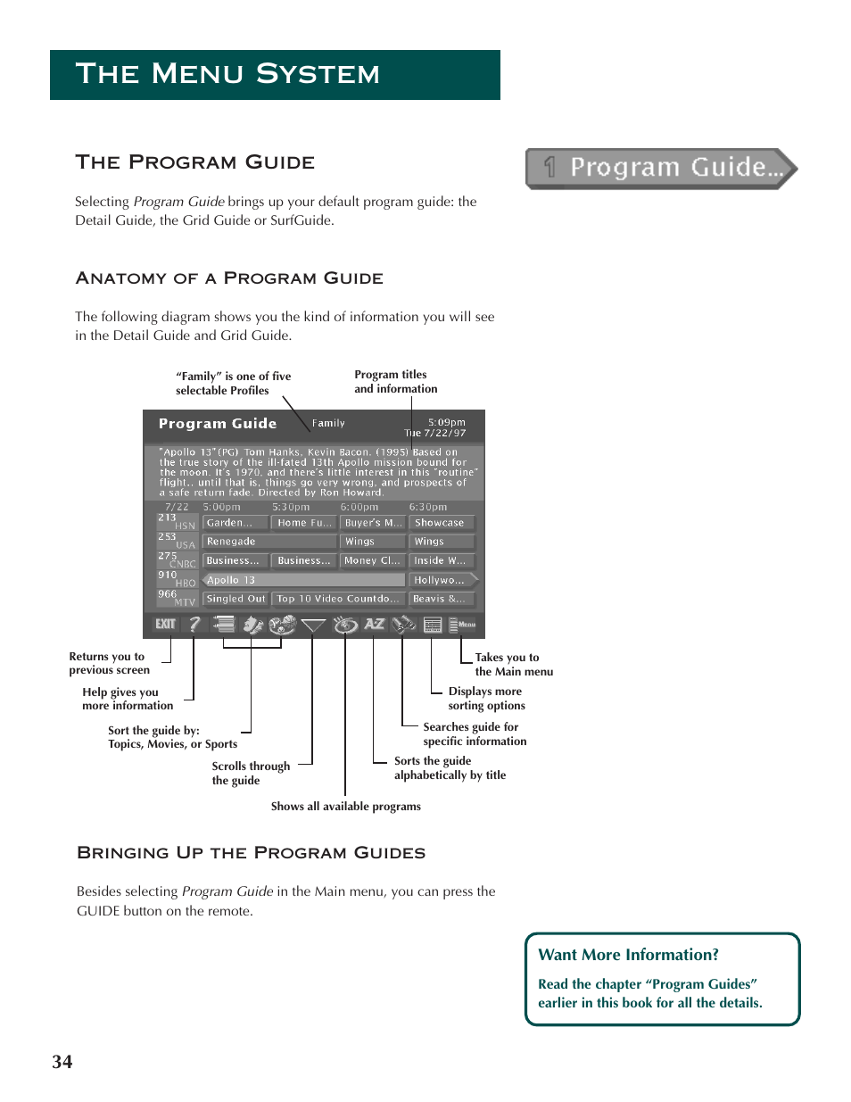 The menu system, 34 the program guide | DirecTV ProScan DSS Receiver User Manual | Page 36 / 84