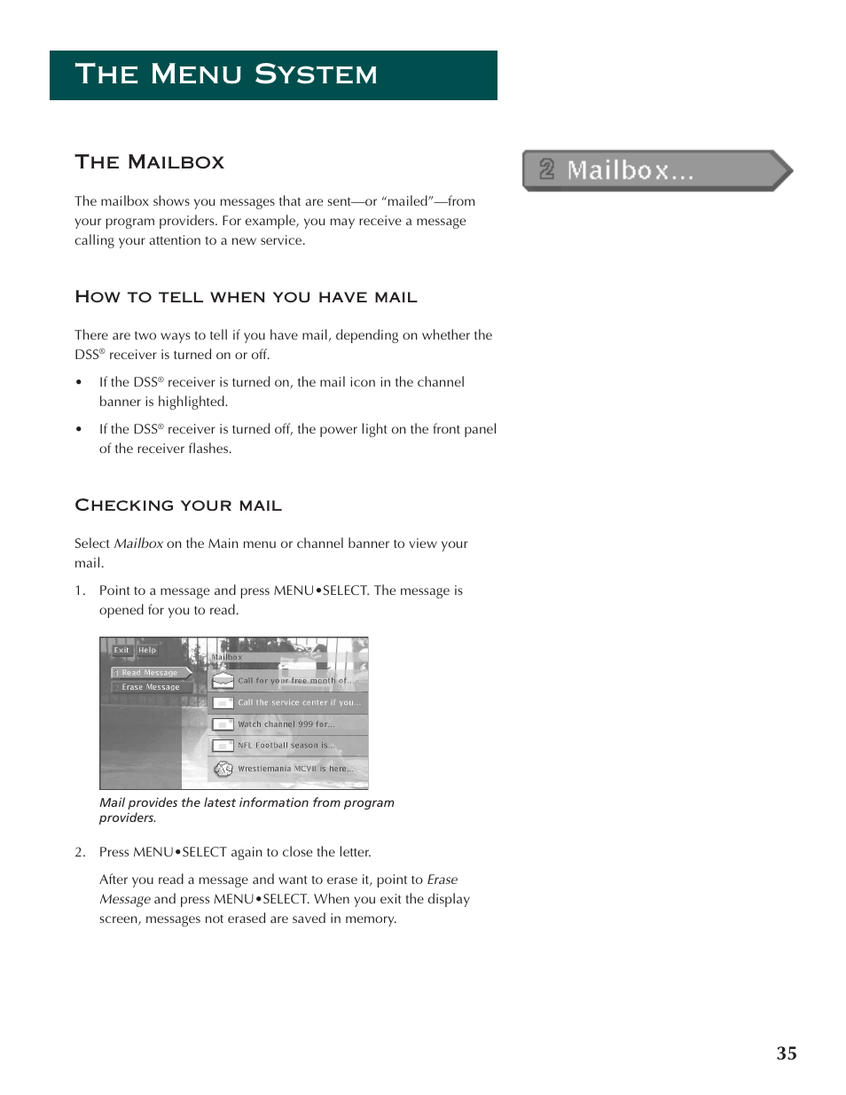 The menu system, 35 the mailbox | DirecTV ProScan DSS Receiver User Manual | Page 37 / 84