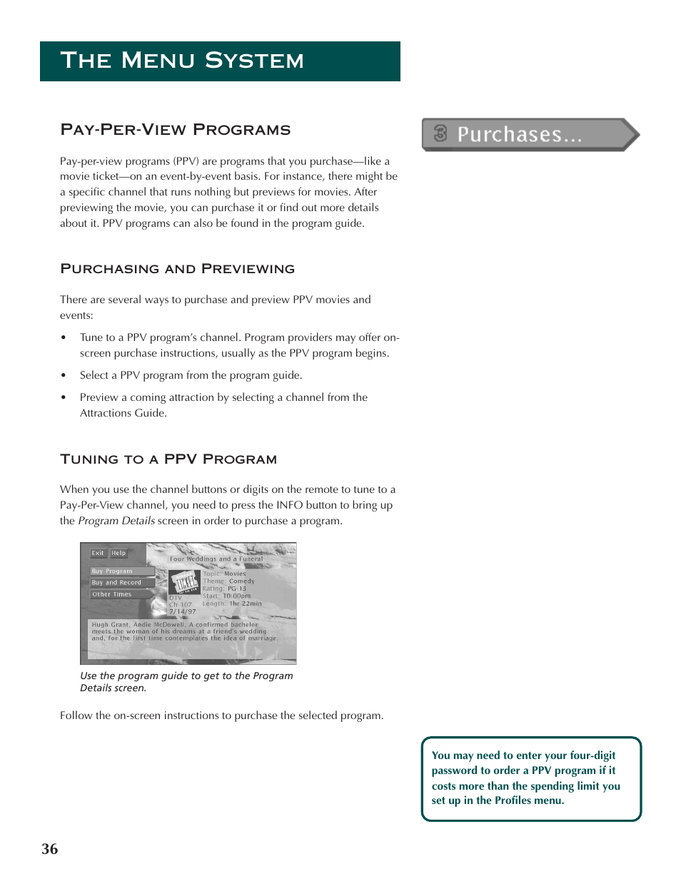 The menu system, 36 pay-per-view programs | DirecTV ProScan DSS Receiver User Manual | Page 38 / 84